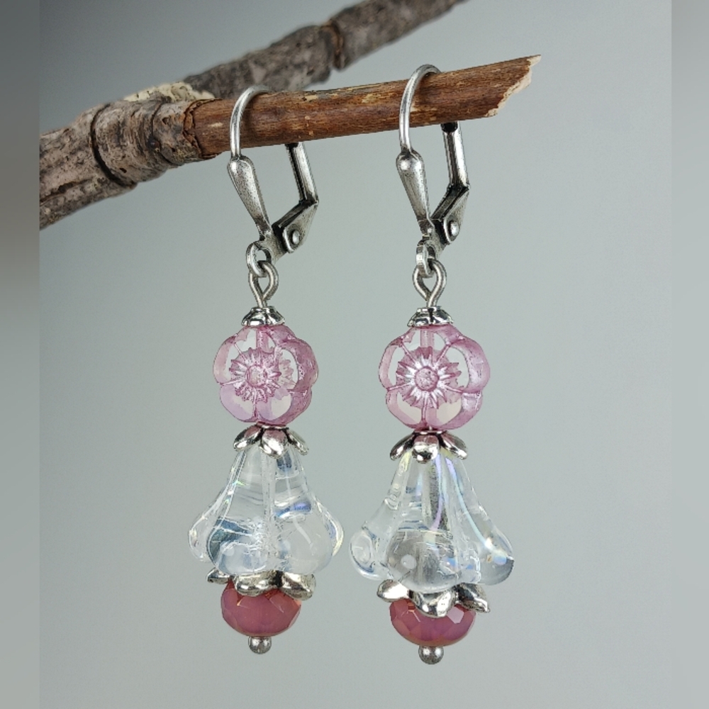 Pink Czech Glass Flower Earrings Spring Blossom Cottage Garden Hand Crafted - Picture 3 of 6